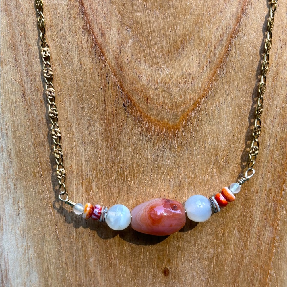 Handmade Vintage Agate, Shell and Spiny Oyster on Gold Tone Chain Necklace